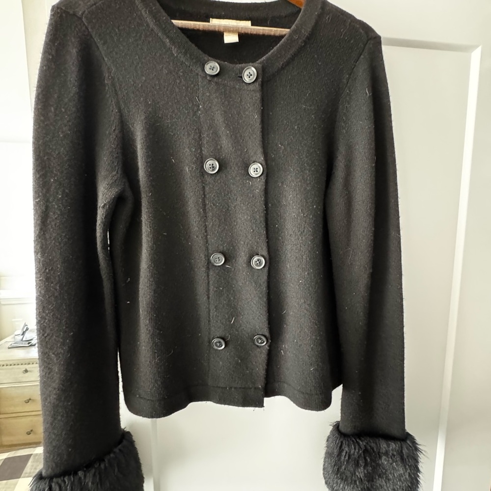 Banana Republic Black Double-Breasted sweater with Faux Fur Cuffs